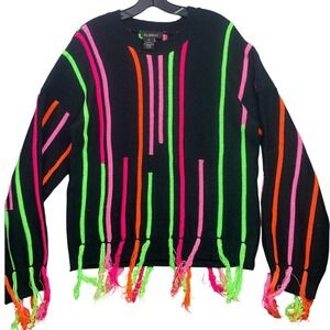 Runway 7 Sweater Womens 2XL Black Neon Stripe Fringe Tassel Festival Streetwear